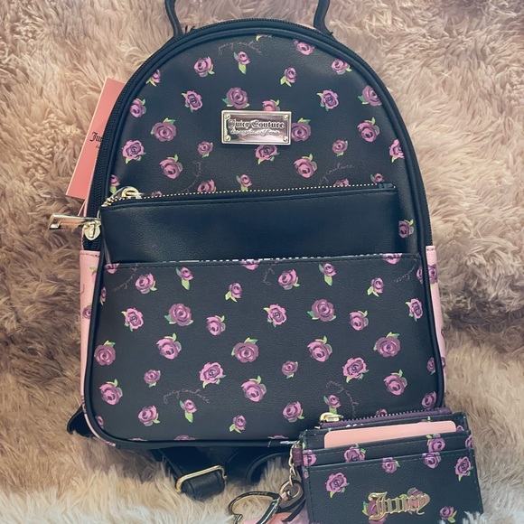 NWT 3-Pcs Set Juicy Couture Backpack, Pouch, & Card Case, Black Blooms at Night main image 6
